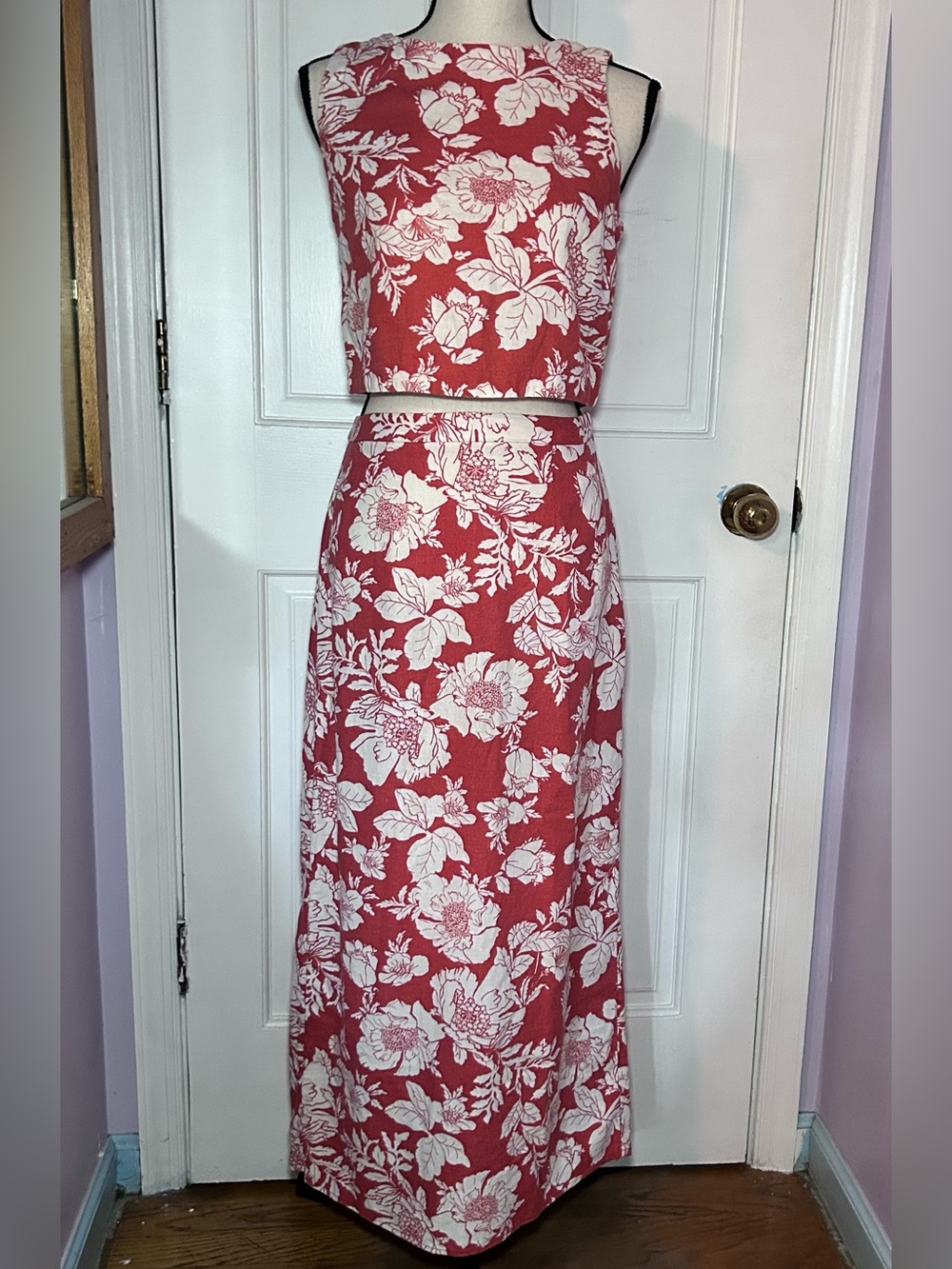 Old Navy Linen Blend Red Floral Skirt Set Crop Top Maxi Skirt Women’s XS